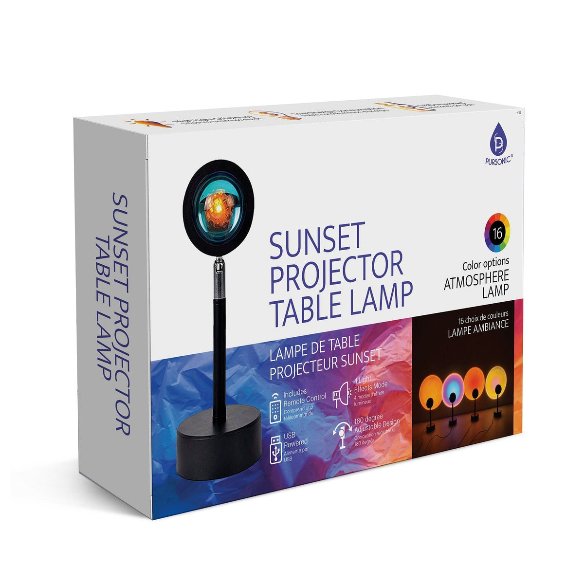 Box of a sunset projector table lamp with colorful design and text on a white background