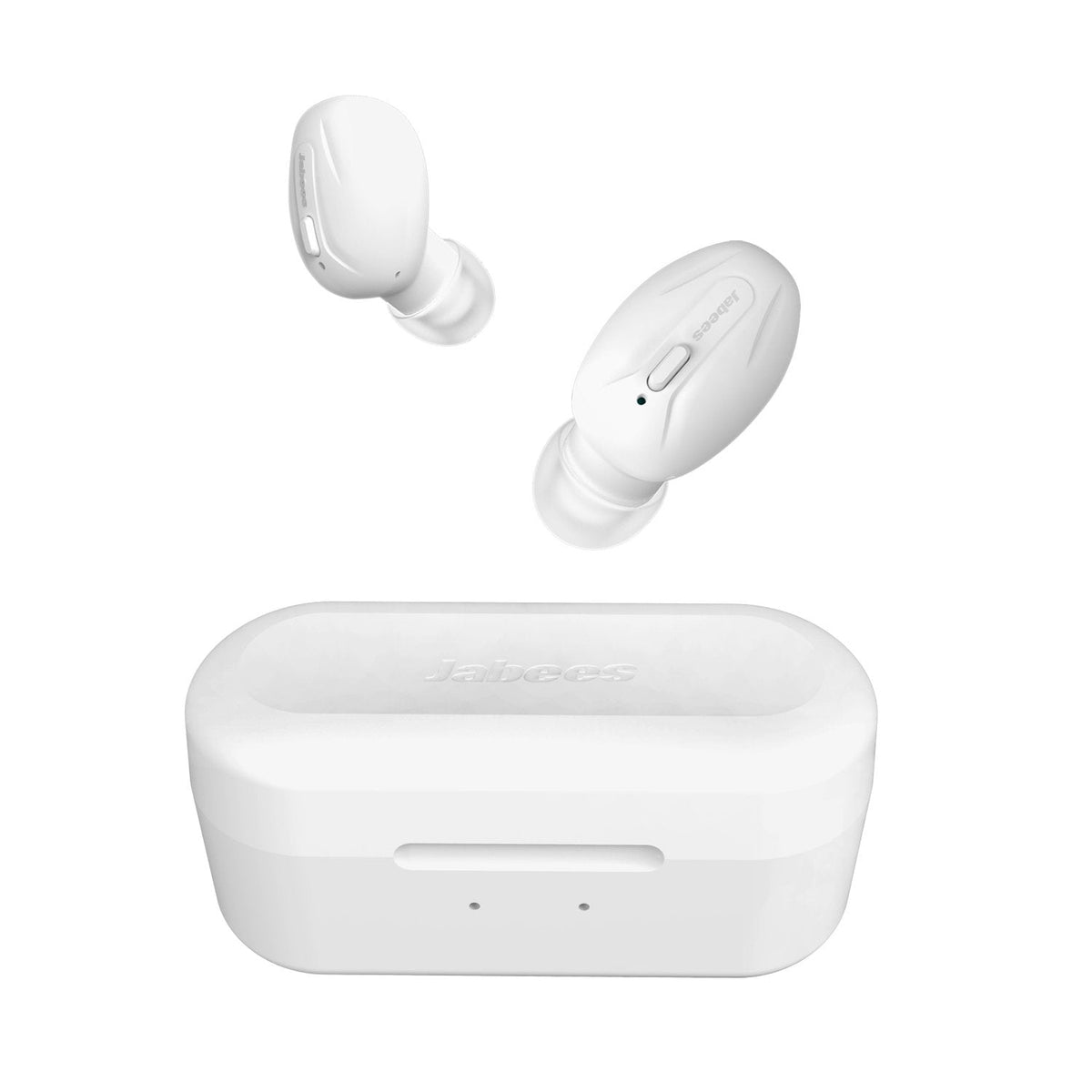 White Bluetooth earbuds with charging case on a white background
