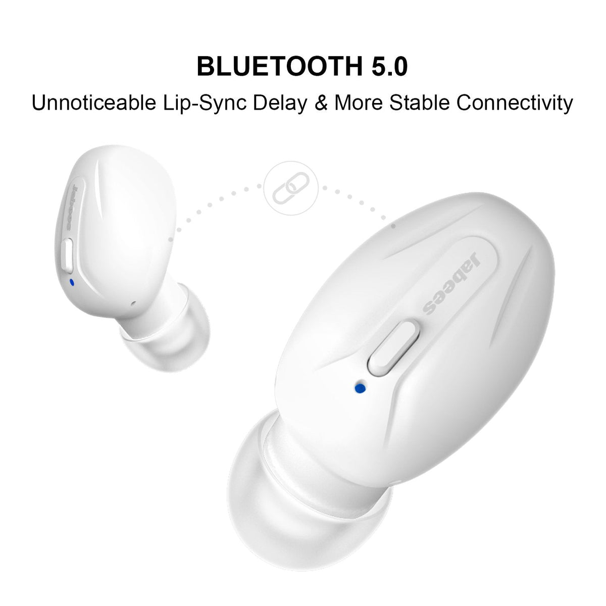 True wireless earbuds on a gray surface with water droplets, labeled IPX4 Sweat Proof