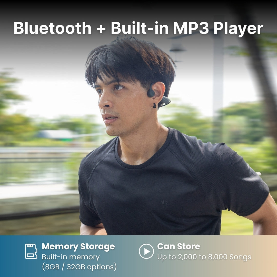 Person wearing 7Seven bone conduction headphones showing Bluetooth and built-in MP3 features