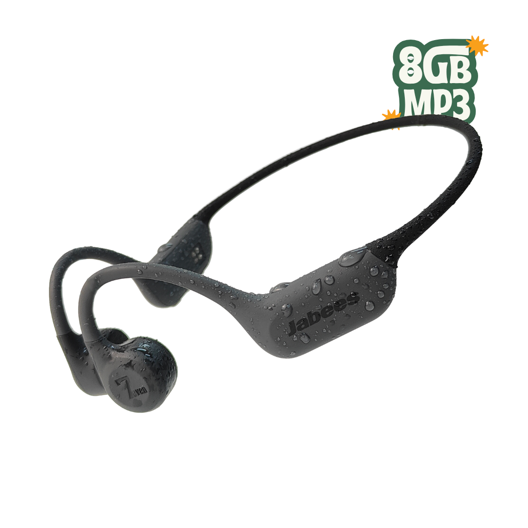 Black 7Seven bone conduction swimming headphones with 8GB built-in MP3 storage on a white background
