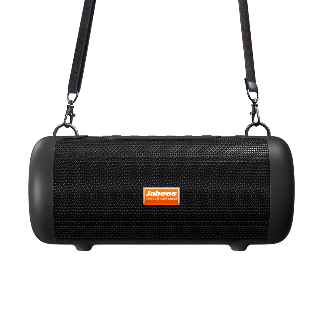 Black portable speaker with a strap and Jabees logo on a white background
