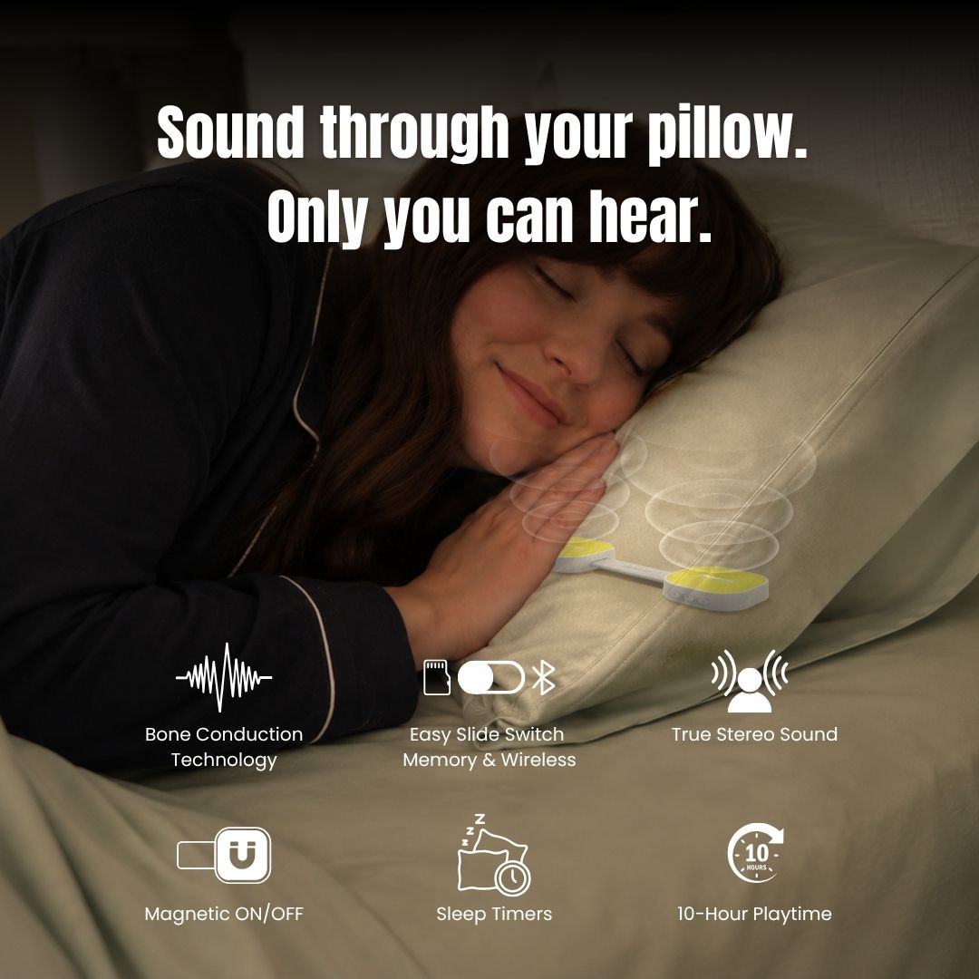 Woman lying in bed with a pillow featuring sound technology, surrounded by text and icons.