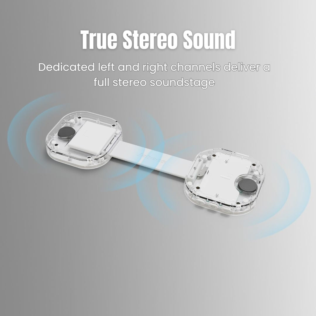 Wireless earbud with text about true stereo sound on a gray background
