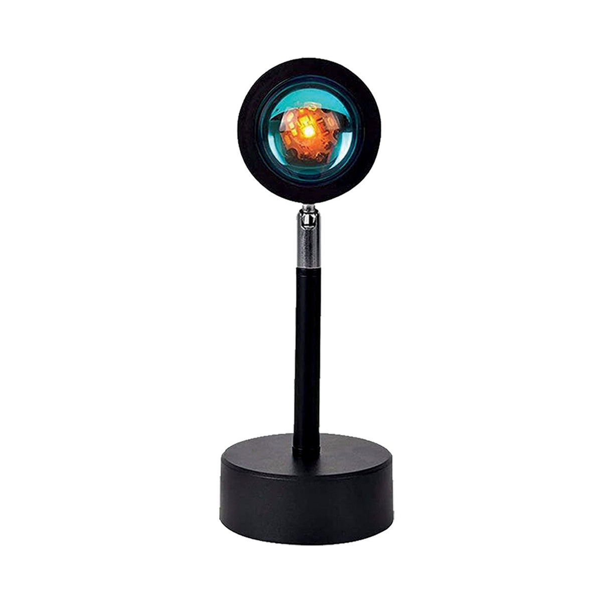 Black stand with a round, illuminated object on a white background