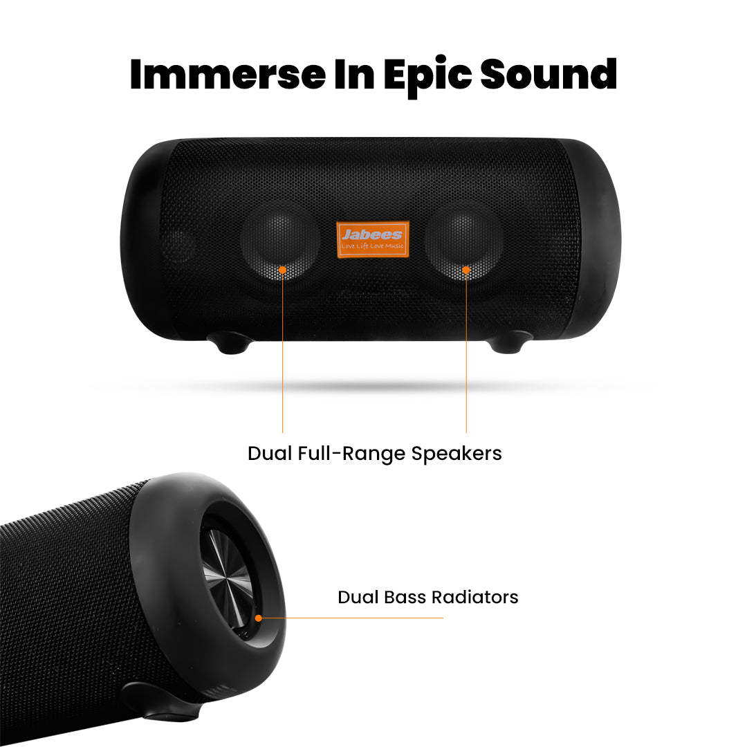 Black portable speaker with dual full-range speakers and bass radiators on a white background, featuring the Jabra brand.