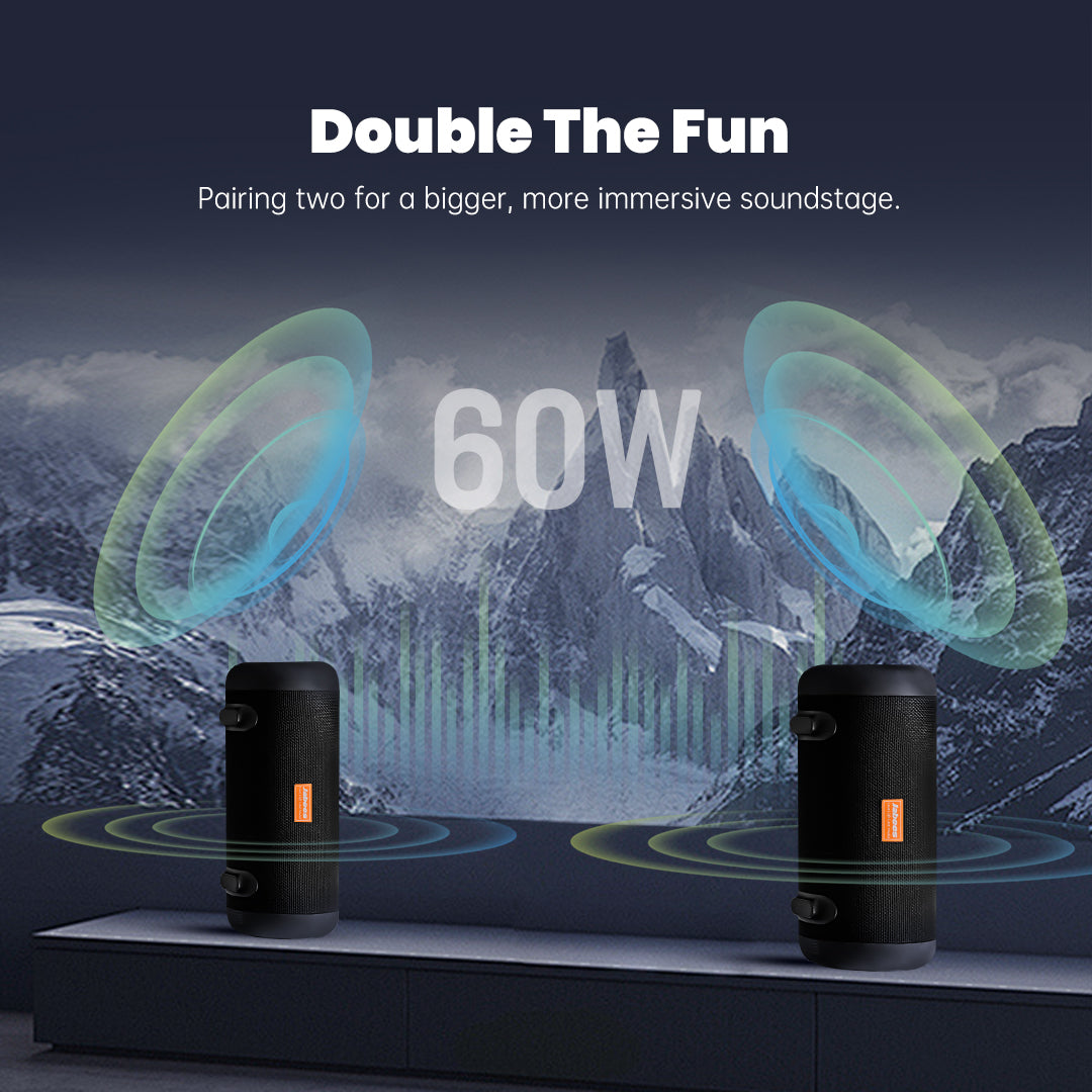 Two speakers with sound waves and '60W' text against a mountainous background