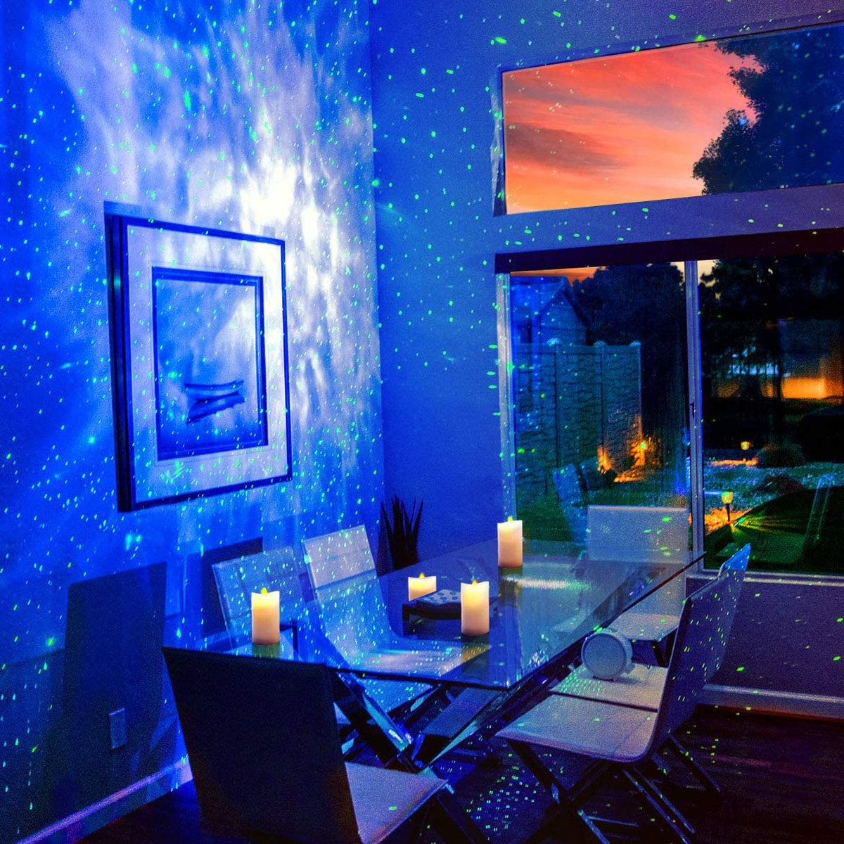 Modern interior with blue walls, a glass table, and decorative elements.