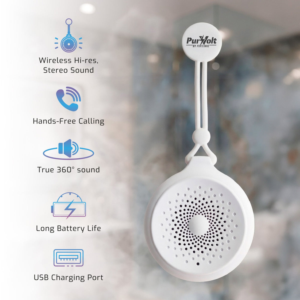 White shower head with Puristat branding and feature icons on a blurred bathroom background