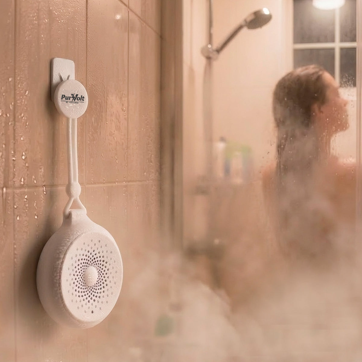 Showerhead with a label on a tiled shower wall, with a person showering in the background.