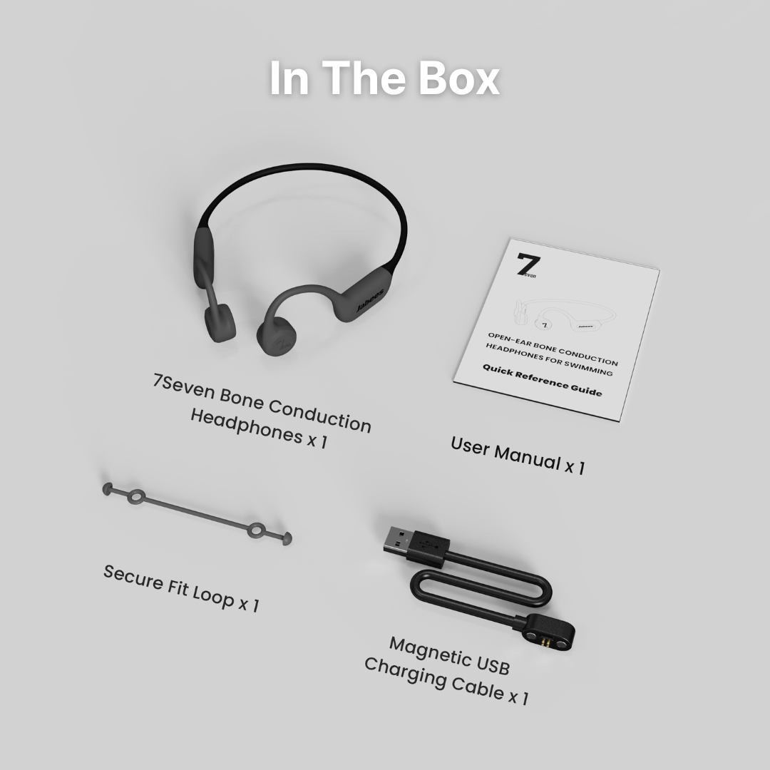7Seven bone conduction headphones with accessories on a dark surface