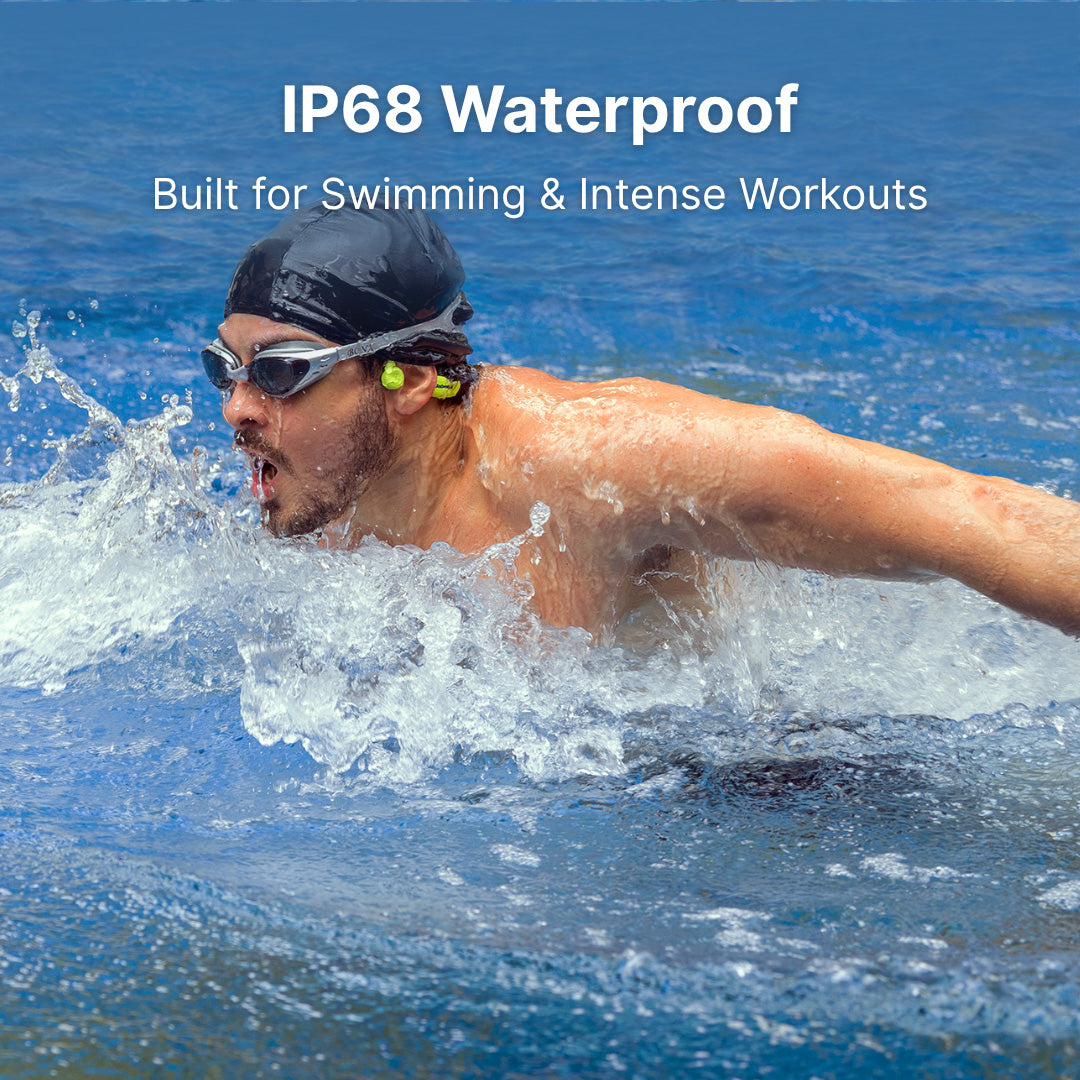 Man swimming in water with text 'IP68 Waterproof Built for Swimming & Intense Workouts' on a blue background