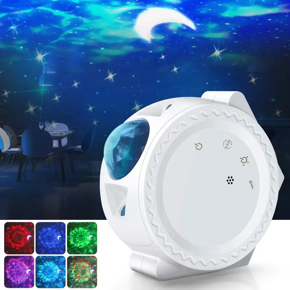 White night light projector with colorful LED lights on a dark blue background