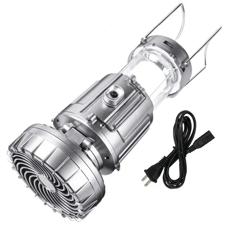Metallic fan with a power cord on a white background