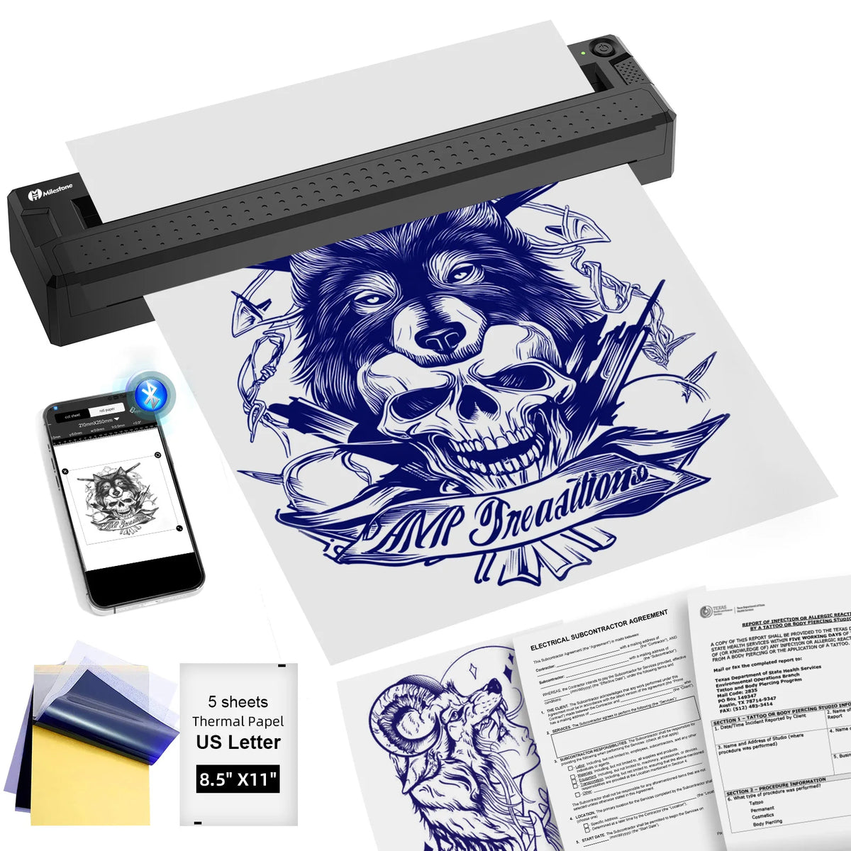 Roller printer with thermal paper displaying a wolf and skull design, accompanied by a smartphone and additional materials.