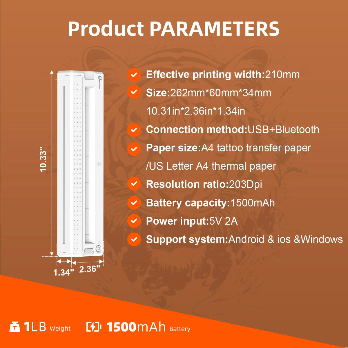 Product parameters of a printing device with dimensions and features listed on a brown background.