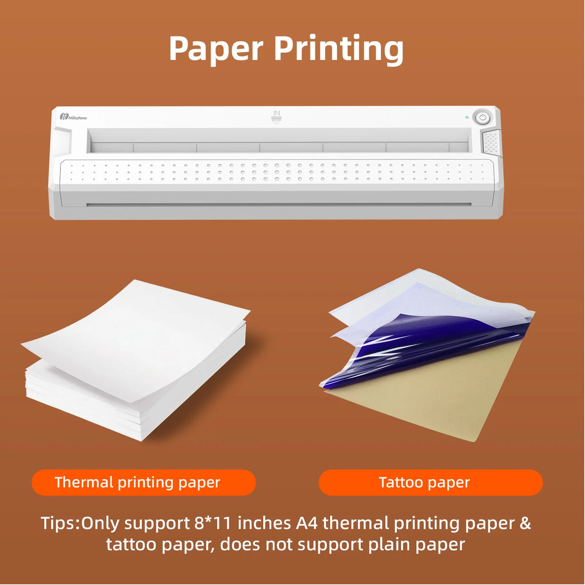 Paper printing equipment with thermal and tattoo paper on a brown background