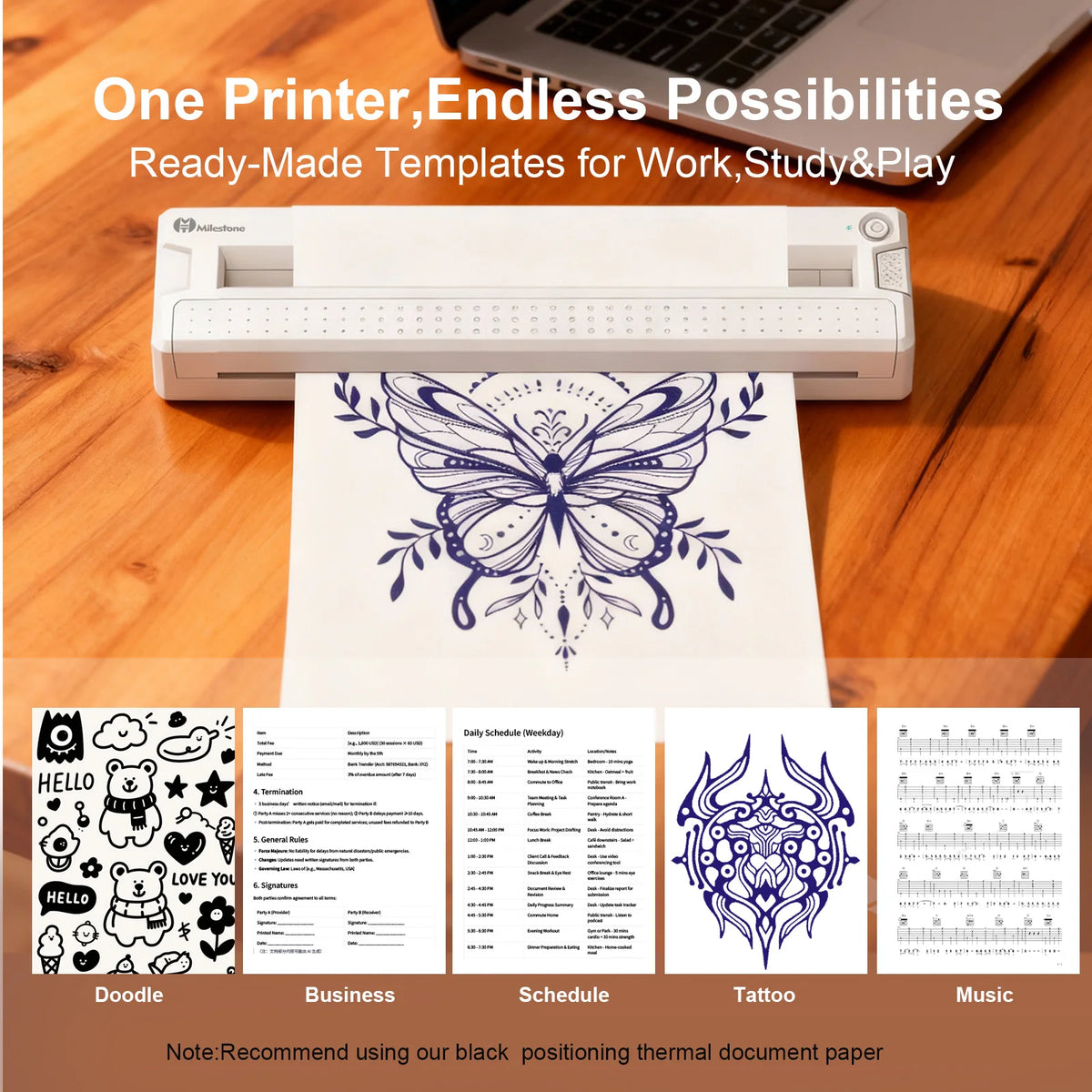 Printer with printed butterfly design on paper, surrounded by various templates on a wooden surface.