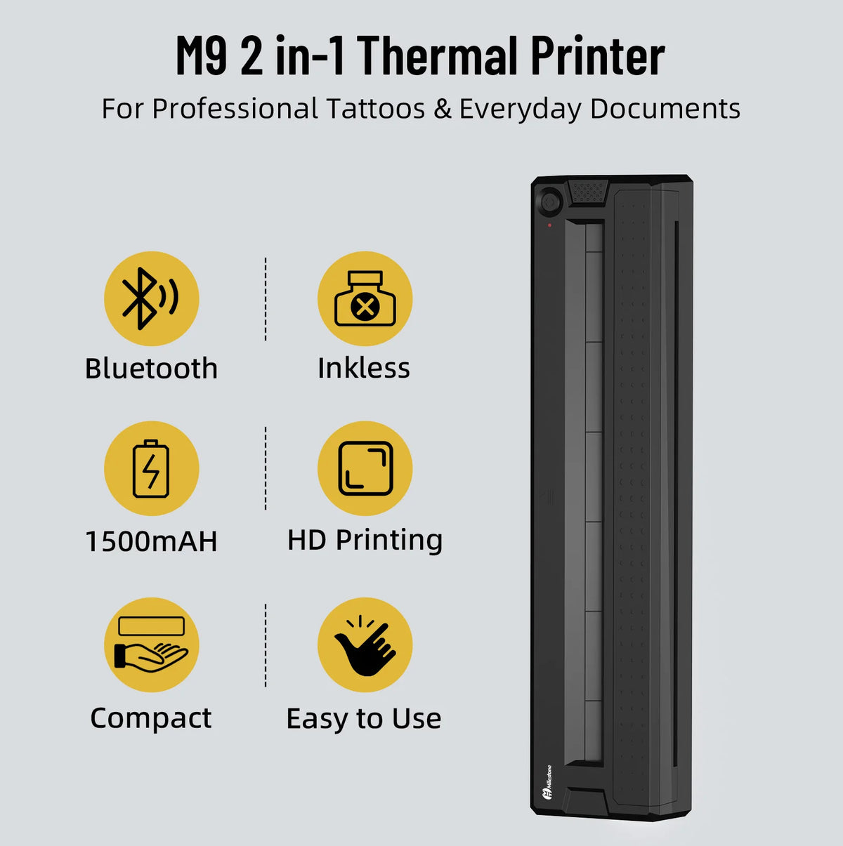 M9 2 in-1 Thermal Printer with features listed on a gray background