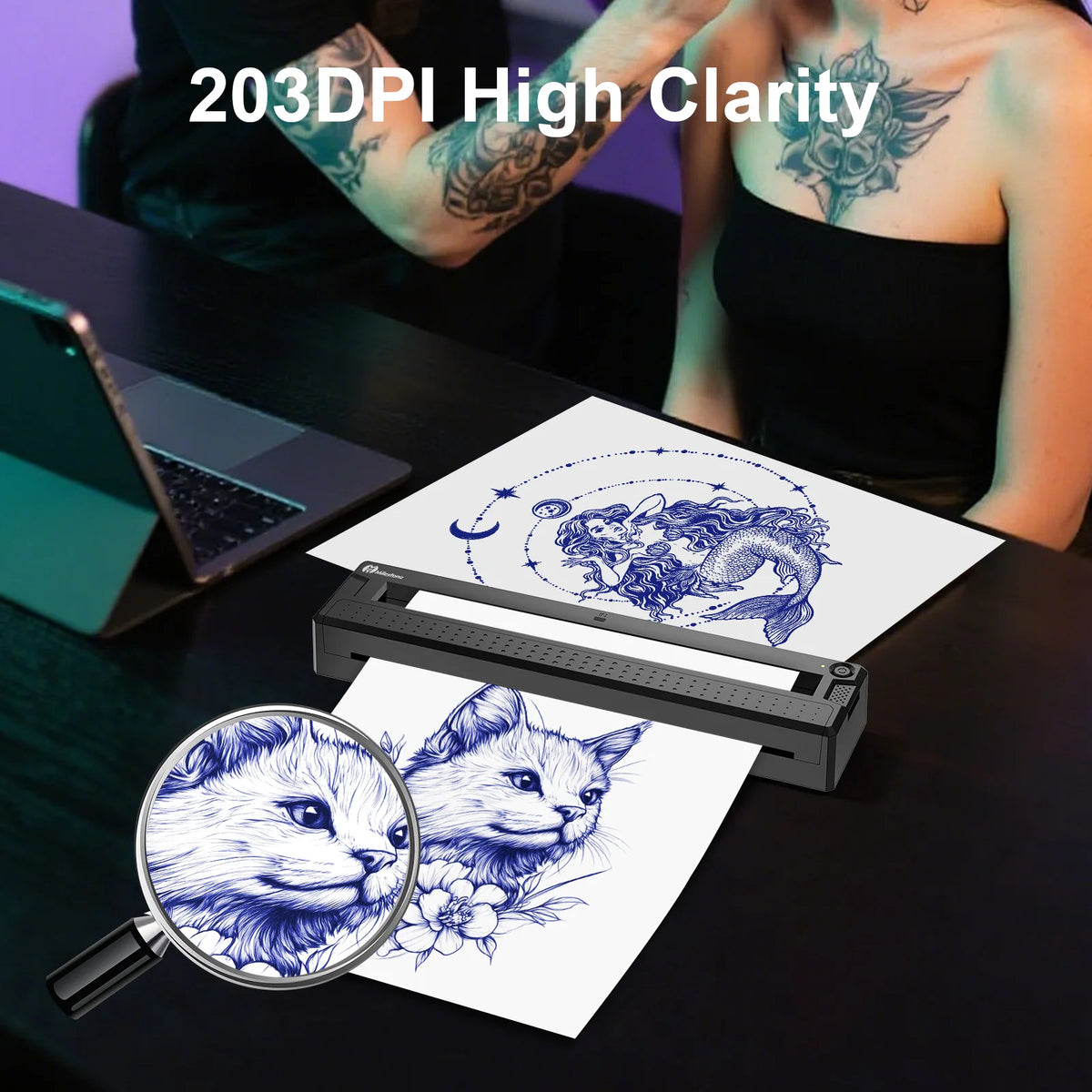Person with tattoos using a tattoo design software on a computer, with tattooed designs on paper.
