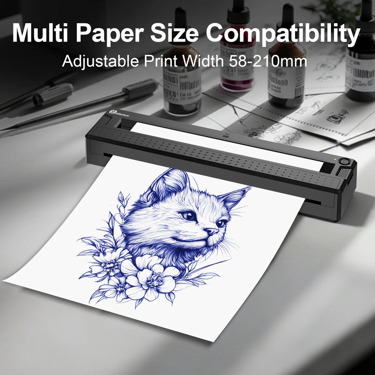 Paper size compatibility device with a printed design of a fox and flowers on a white surface.
