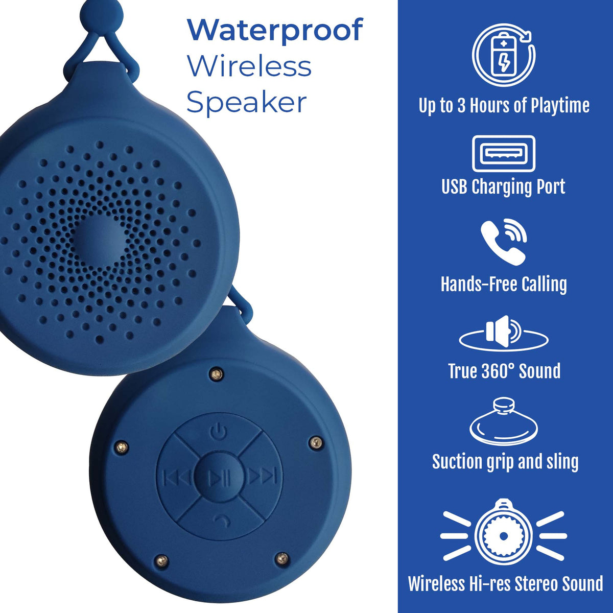 Blue waterproof wireless speaker with features listed on a blue background