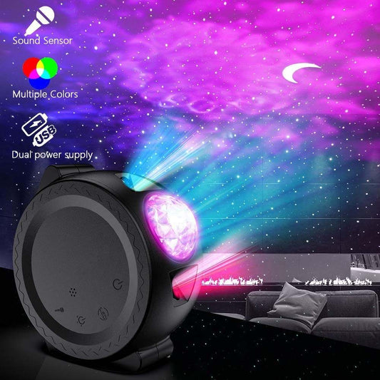 Star projector with colorful light display in a room setting