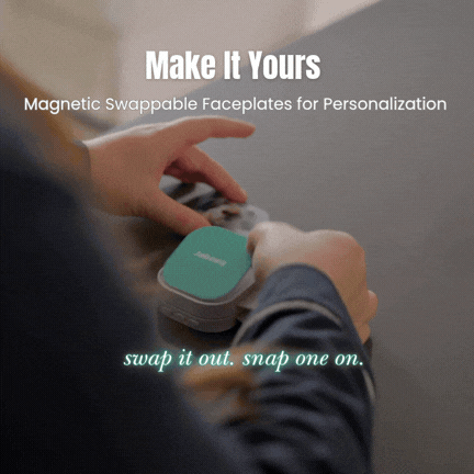Magnetuc swappable face plates for personalization.  Person showing them changing it.