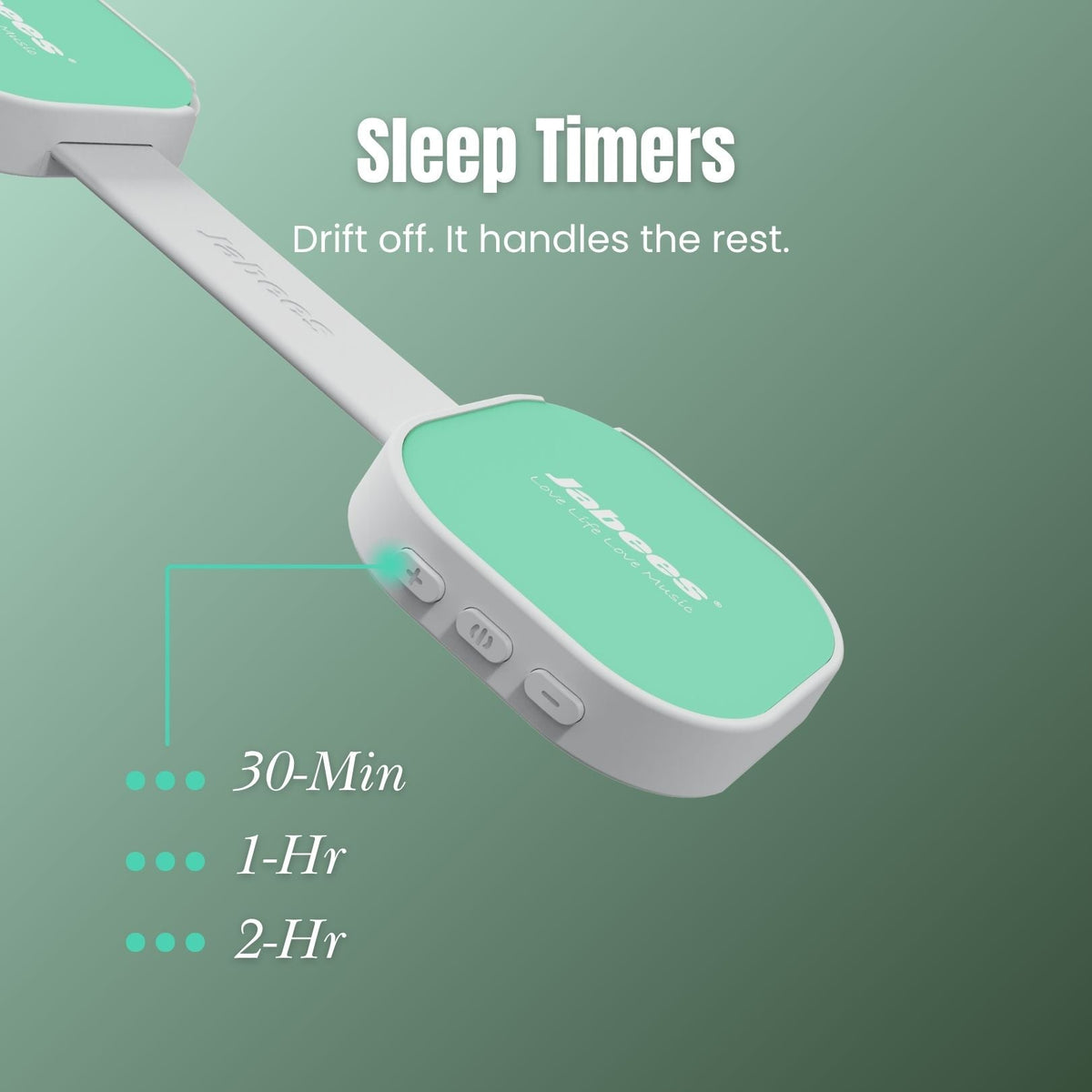 A mint green and white sleep timer device shown on a soft green gradient background with text reading 'Sleep Timers' and time options 30-Min, 1-Hr, and 2-Hr.