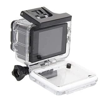 Rear view of 1080p action camera in a waterproof case with detached case cover