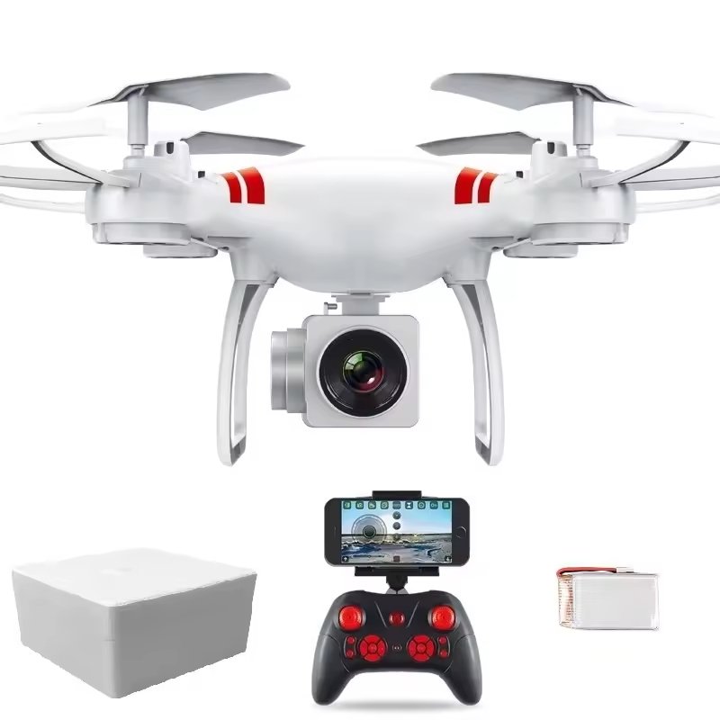 White drone with camera, remote control, and accessories on a white background