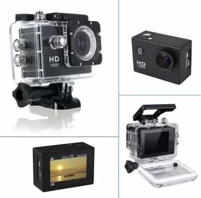 Four-view product collage of a 1080p action camera and waterproof case
