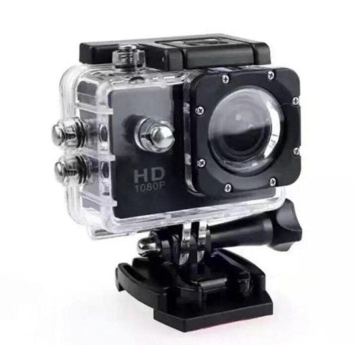 1080p action camera in a clear waterproof case on a mounting base