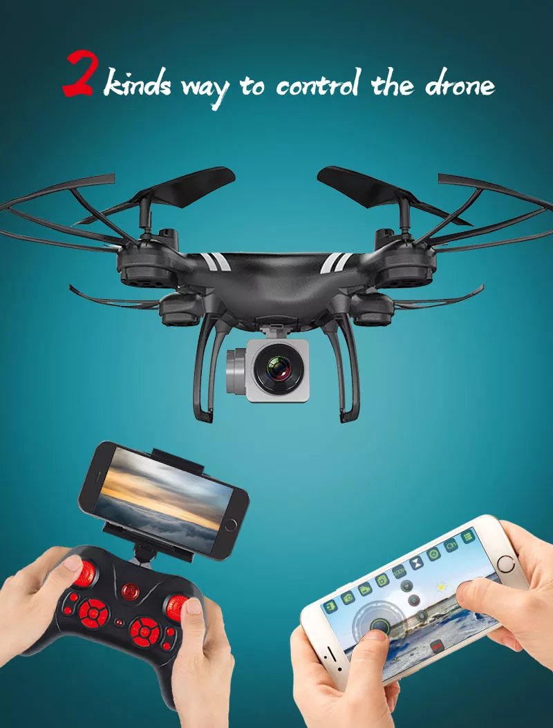 Drone with two control methods shown against a blue background