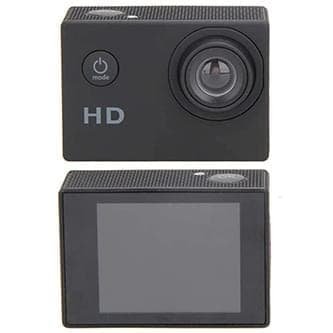 Black 1080p action camera shown from the front and rear