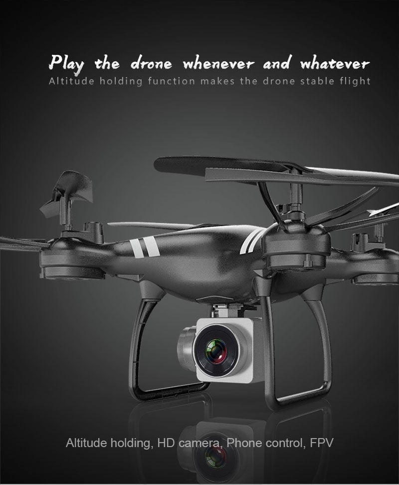 Black drone with camera on a dark background, featuring text about drone capabilities.