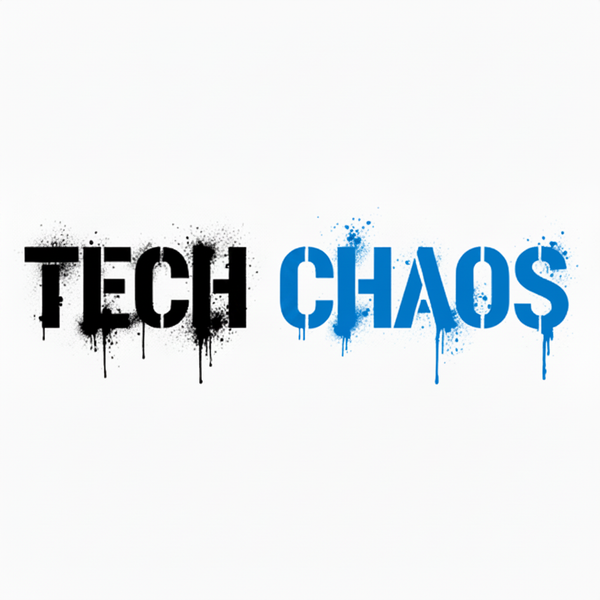 Tech Chaos black and electric-blue dripping logo