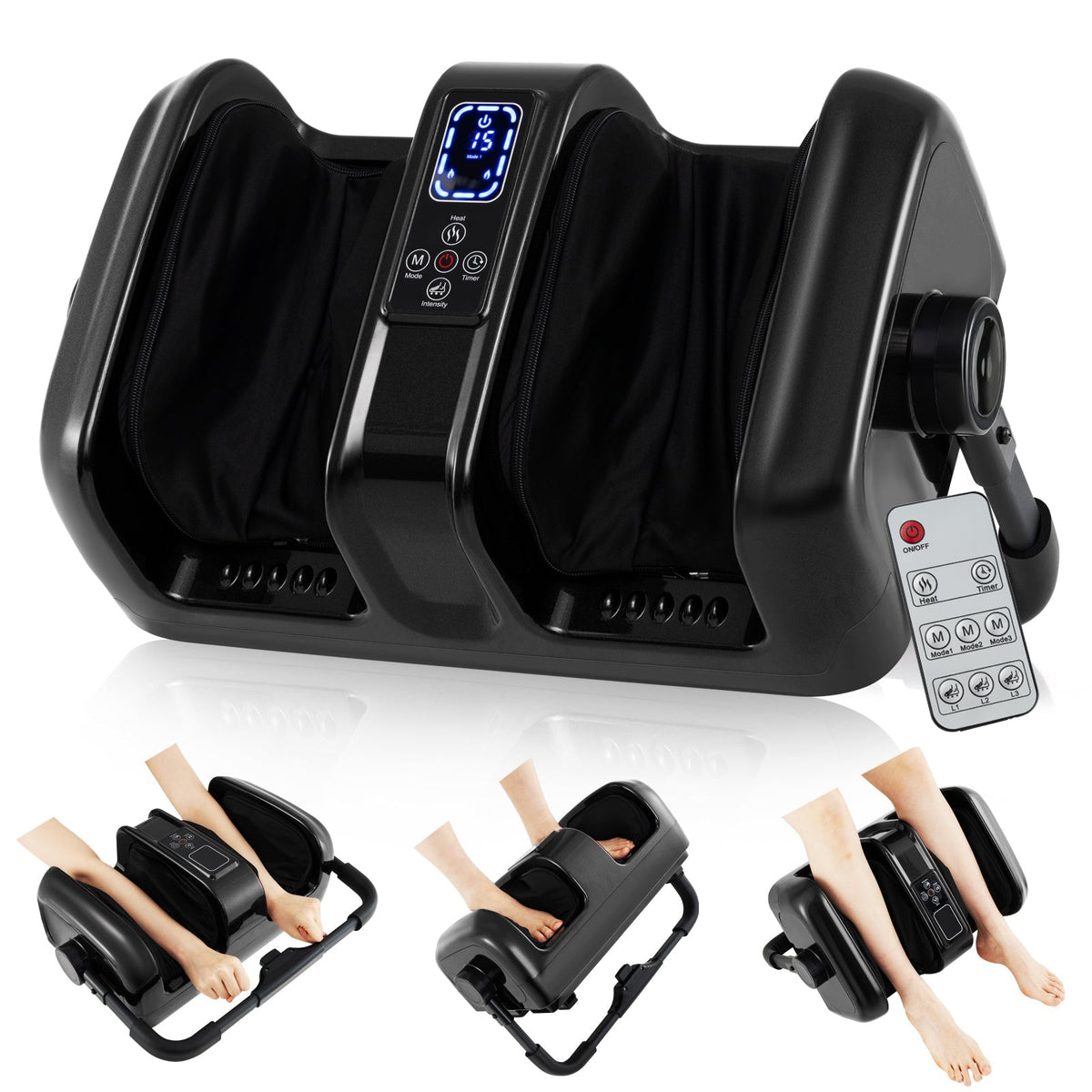 Foot and Calf Massager with Heat Shiatsu Deep Kneading Rolling Smart Electric Leg Massager-Black
