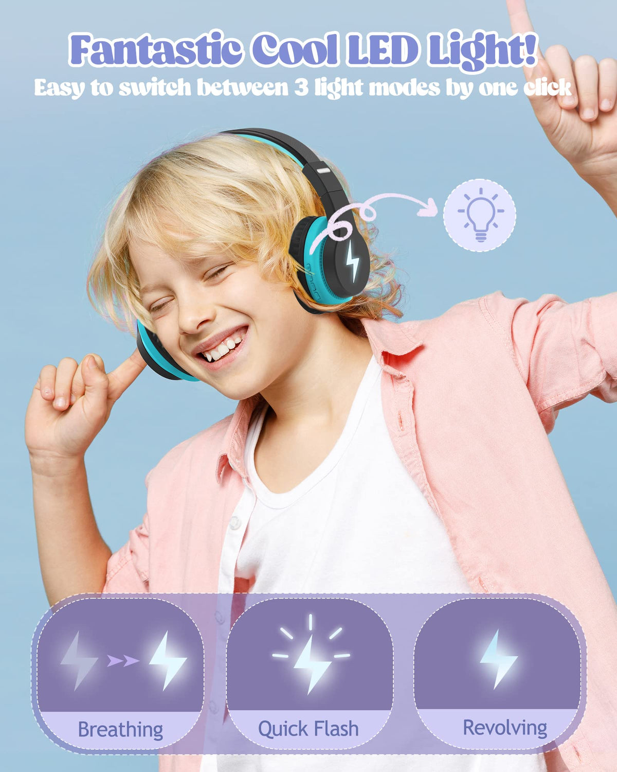 Kids Headphones, Wireless, LED Lights, Built-in Mic, Volume Limited - Blue
