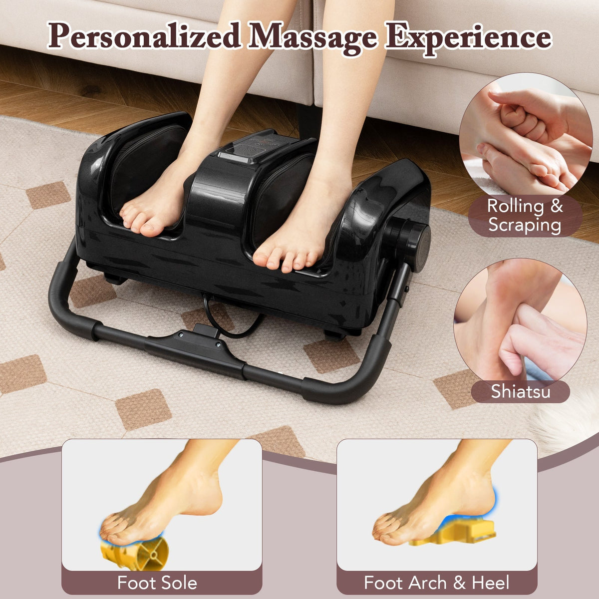 Foot and Calf Massager with Heat Shiatsu Deep Kneading Rolling Smart Electric Leg Massager-Black