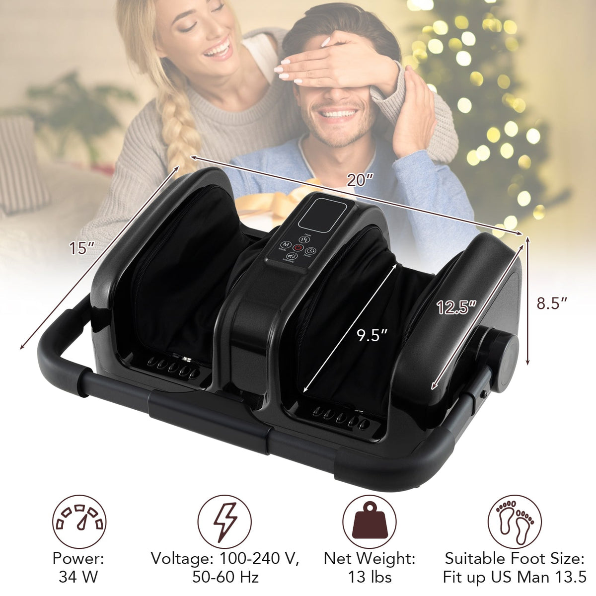 Foot and Calf Massager with Heat Shiatsu Deep Kneading Rolling Smart Electric Leg Massager-Black